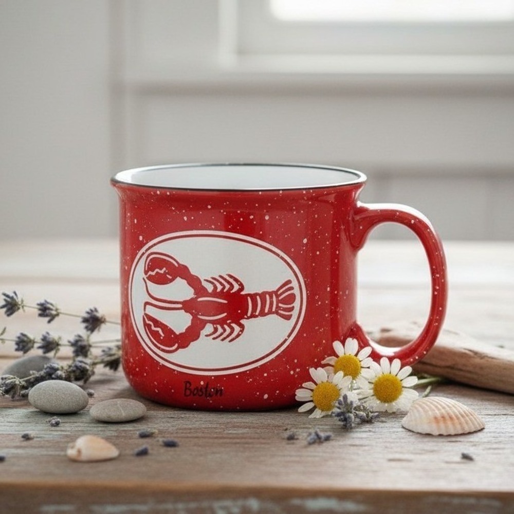 Lobster Cape Shore Red White Etched Faux Enamel Speckled Stoneware Camp Mug Cup